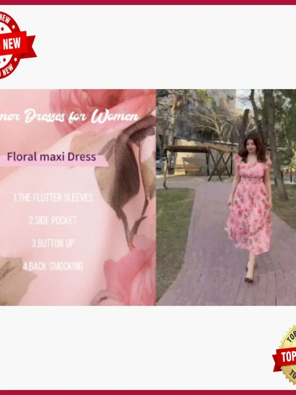 Maxi Dress with Pockets, V-Neck, Zipper Closure, Summer Formal Wear - Picture 7 of 7